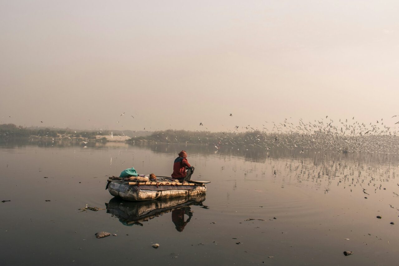 Back view of a man on a boat in a river in india