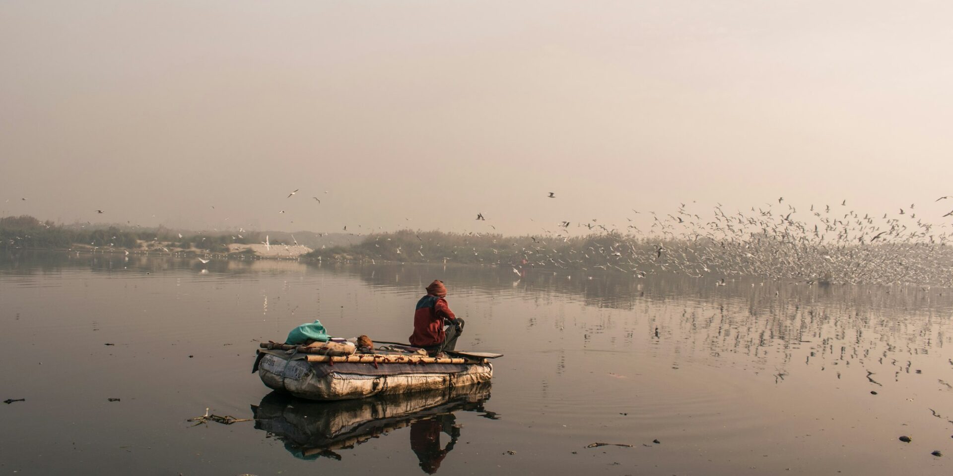 Back view of a man on a boat in a river in india